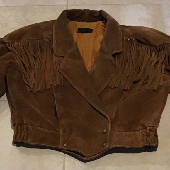 G4000 Size 16.5R Brown Suede Fringe Jacket Shawl Collar Cropped Lined - Picture 1 of 14